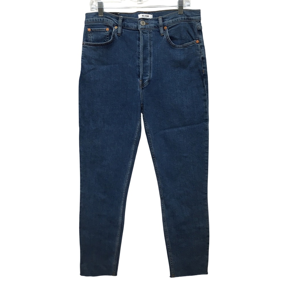 RE/DONE High Rise Skinny Jeans 30 Blue Raw Hem Button Fly Dark Wash Denim Casual
